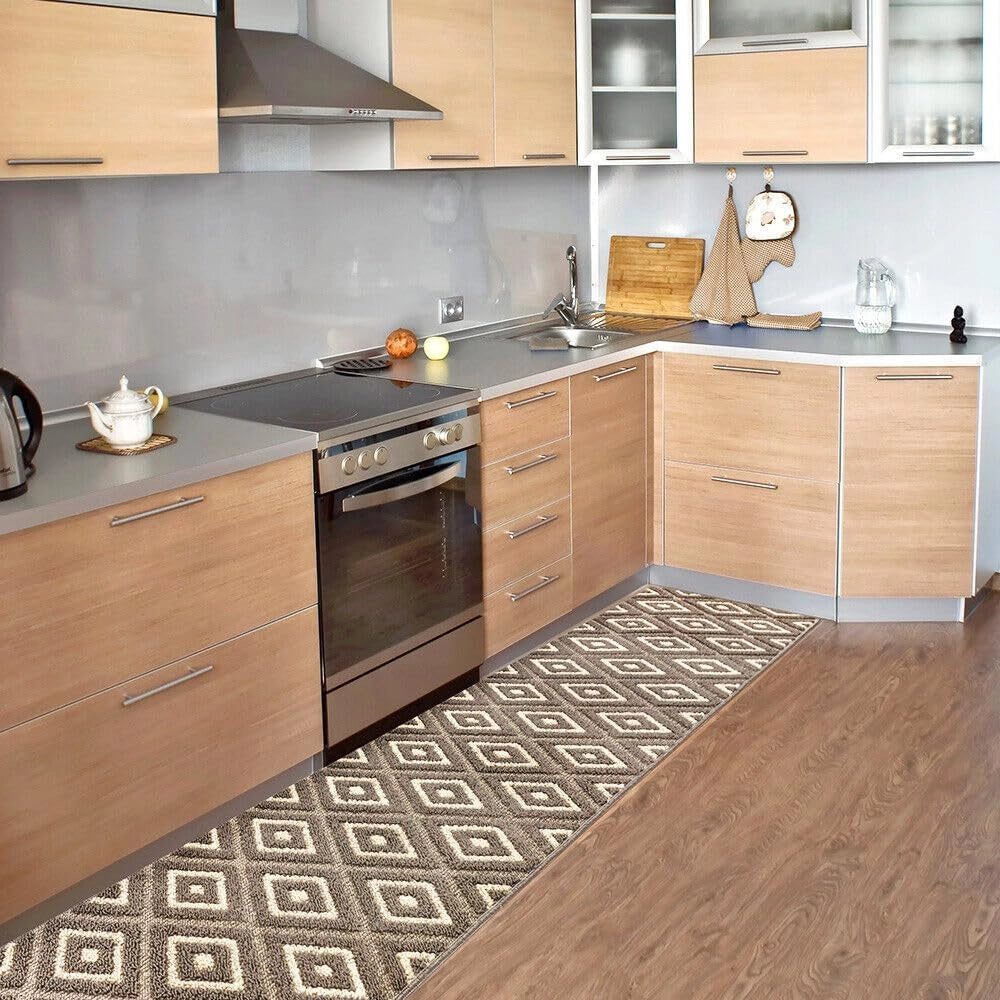 Tappeto Casa Cucina Rombi 3D 50X115 Cm Bordato Moderno Assorbente Antiscivolo Beige