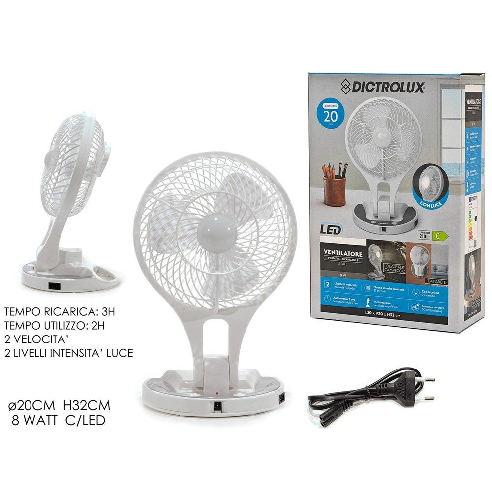Trade Shop - Ventilatore Portatile Ricaricabile 8w 2 Velocità Con Luce Led Parete Scrivania Campeggio -