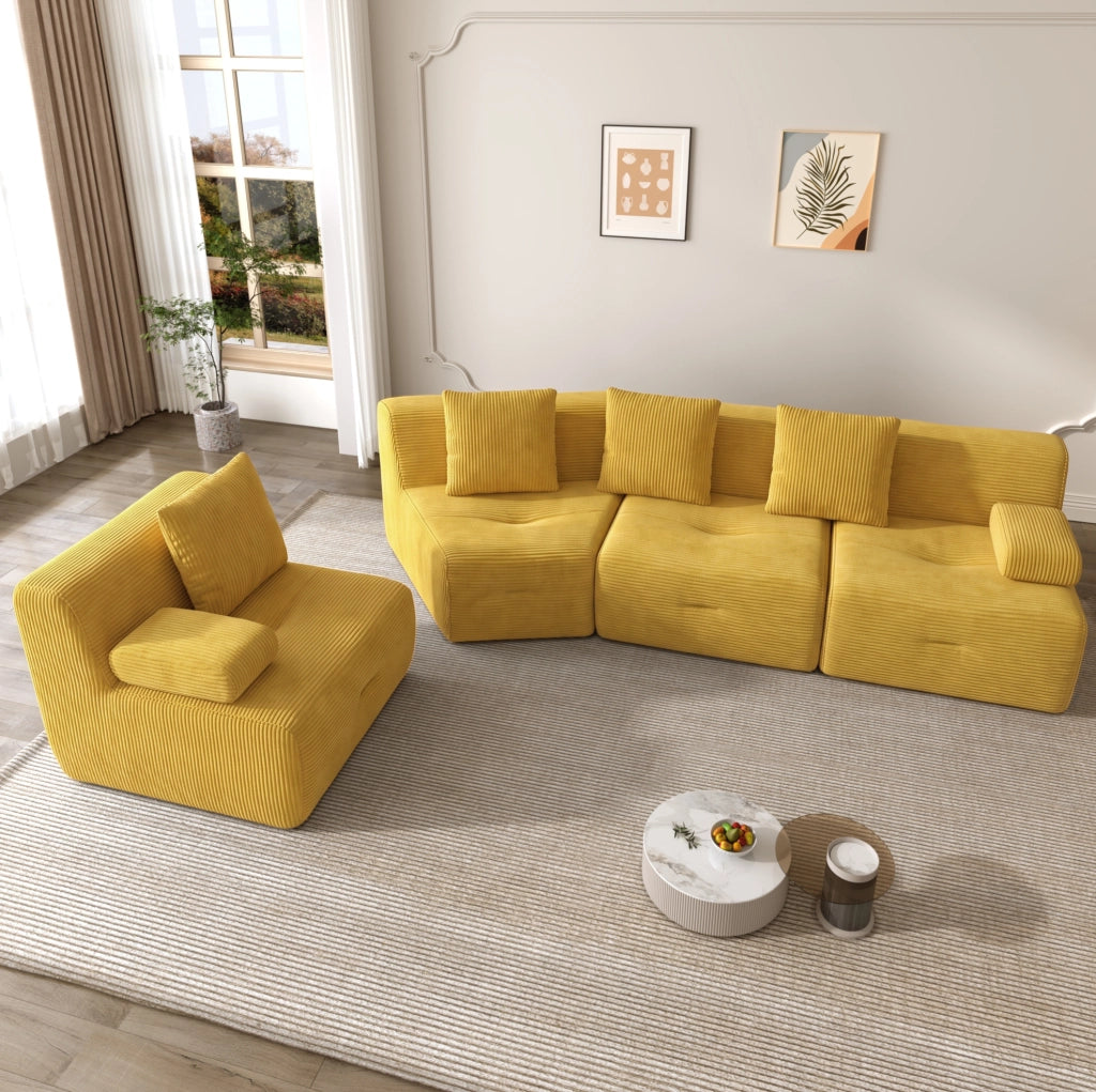 Divano modulare 4 posti in tessuto corduroy giallo brillante; 311 x 90 x 65 cm