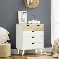 Cassettiera a 5 Cassetti per Camera da Letto con Maniglie Intagliate, 60x40x77.5cm, Bianco e Legno