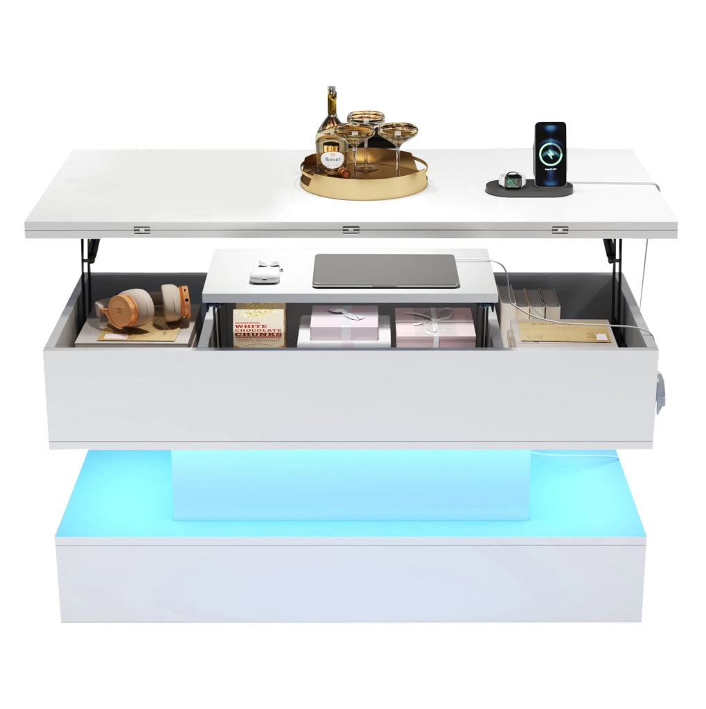 Tavolino da salotto elevabile e allungabile 100 x 50 cm; con vano contenitore; LED; USB e Type-C; bianco