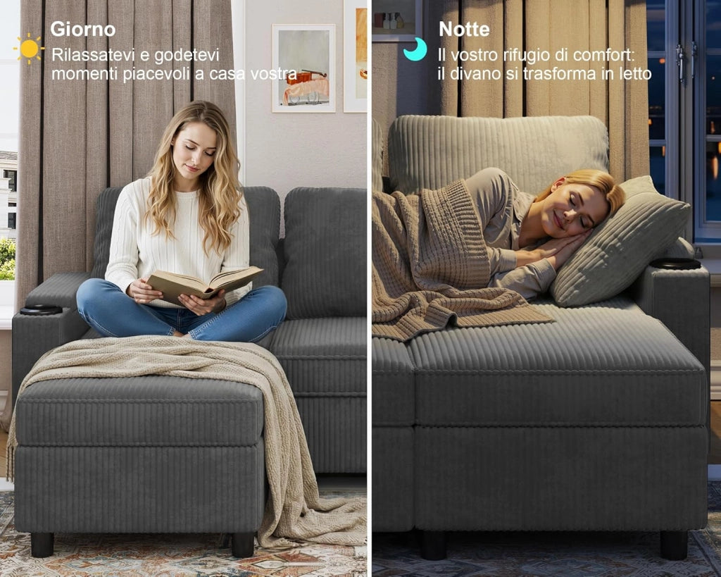 Divano Letto Chaise Longue a Forma di L, Divano da Salotto Cheslong a 3 Posti Convertibile in Letto, con Contenitore Integrato e Portabicchieri, Tessuto Morbido Beige Grigio Scuro