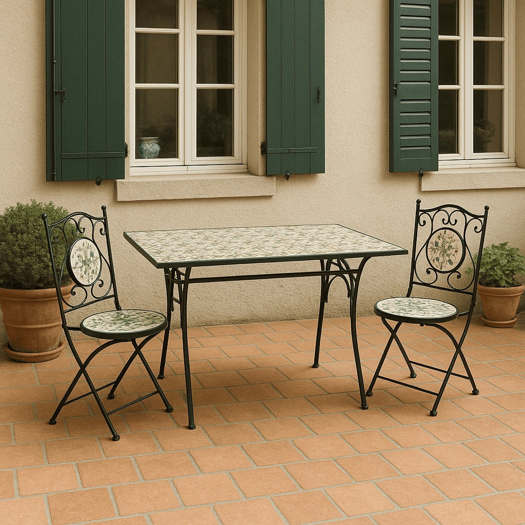 SET PER ESTERNO GIARDINO TAVOLO 120x80 E 2 SEDIE CON INSERTI IN CERAMICA MODELLO "MONTECARLO"
