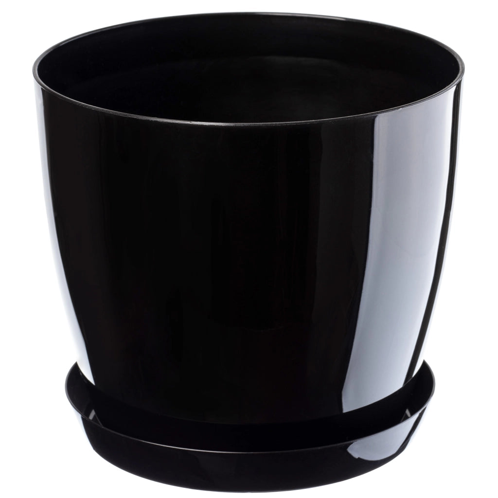 Vaso da fiori KADAX con sottovaso e coperchio in plastica, 28 cm, nero.
