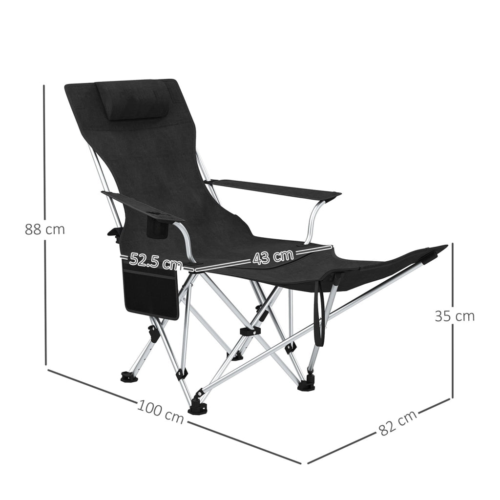 Set 2 Sedie Pieghevoli 82x50-100x88 cm con Poggiapiedi e Portabicchieri Nero