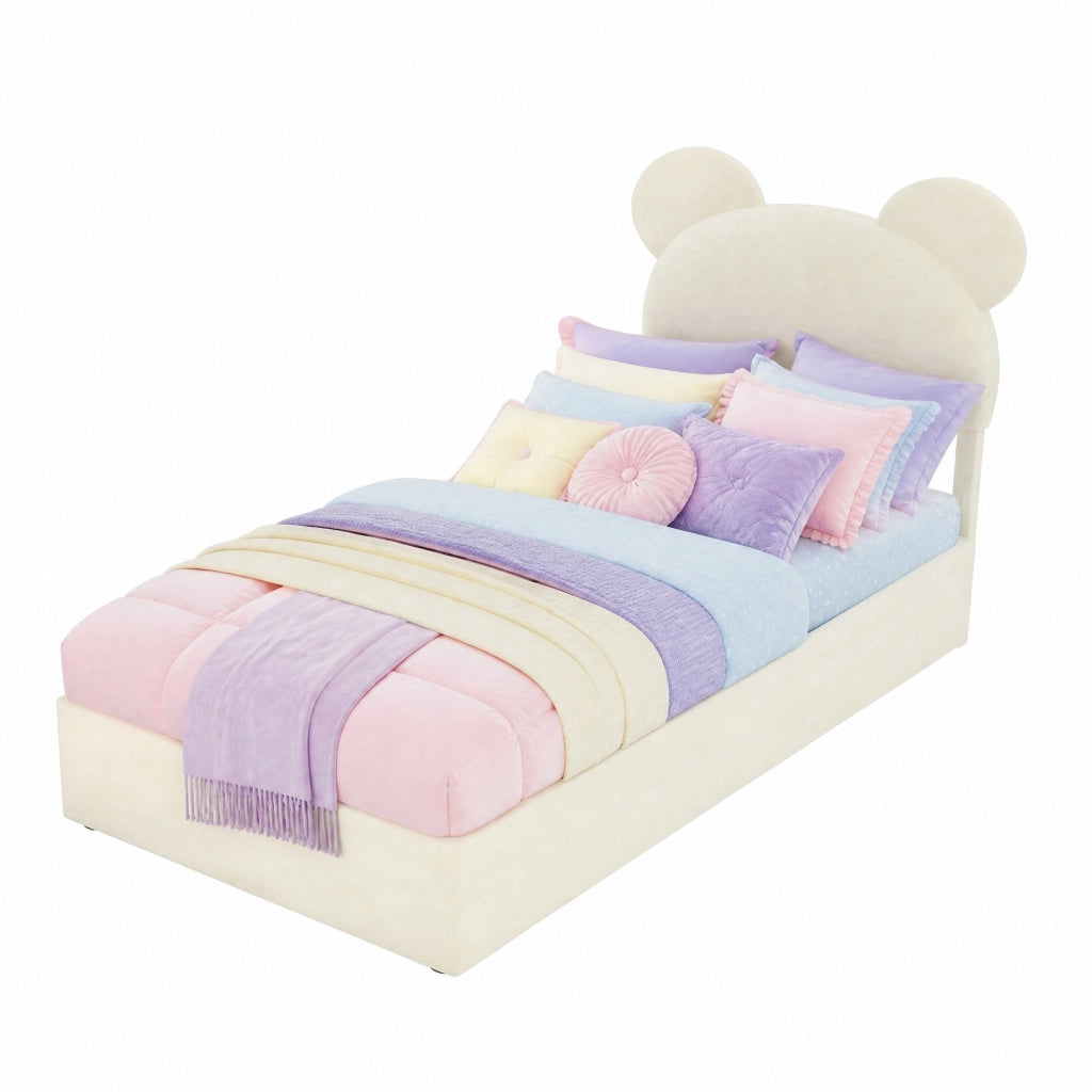 Letto imbottito 90x200 cm beige con testiera cartoon e contenitore a sollevamento