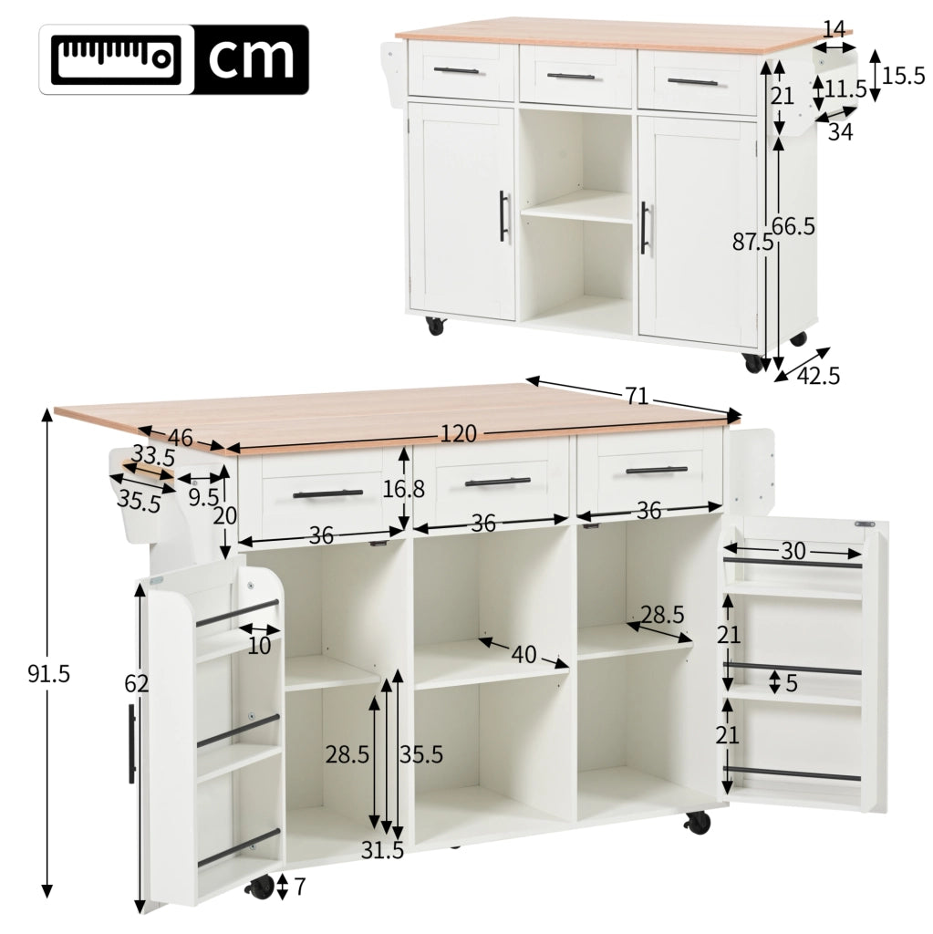 Mobile cucina multifunzione con piano ribaltabile 139x46(71)x91;5 cm; bianco in MDF