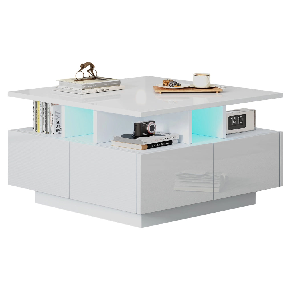 Tavolino da caff猫 70x70x40 cm; 4 cassetti con LED controllato da app; pannello truciolare bianco