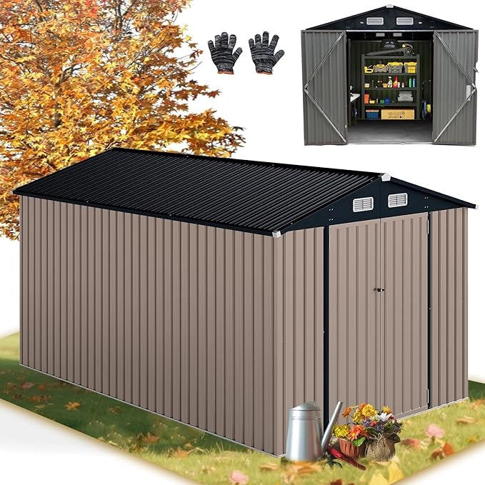 Casetta da Giardino 350 x 223 x 197 cm,con Tetto Inclinato e Porta Doppia, con 4 Finestre Traspiranti, Magazzinaggio Attrezzi