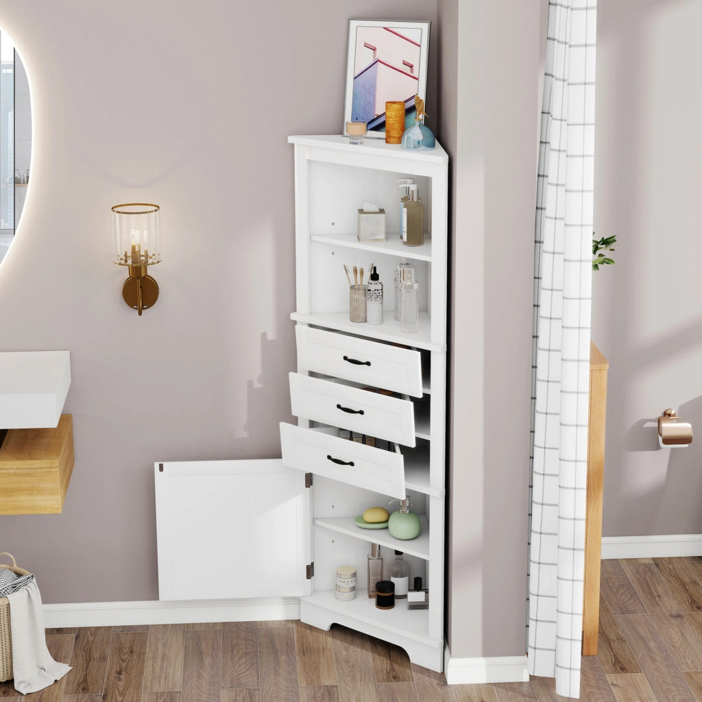 Mobile angolare da bagno 57,7¡Á46¡Á167,5 cm, con 3 cassetti, 1 anta e ripiani regolabili, bianco