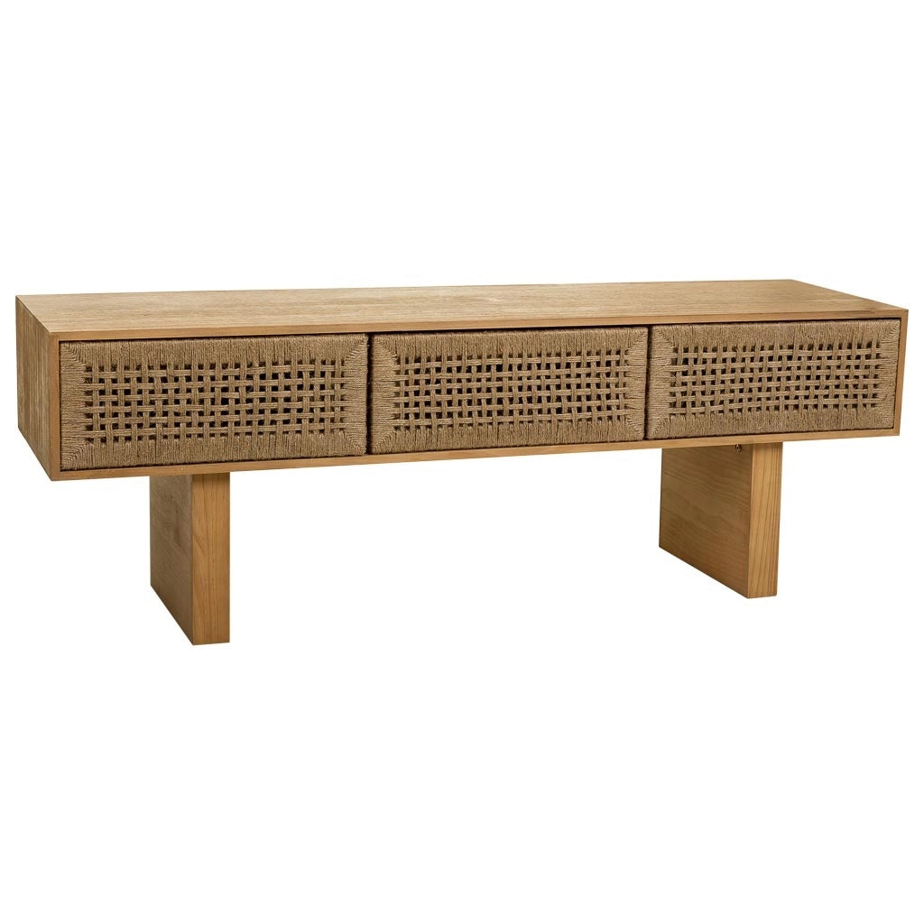 Mobile basso in legno e corda intrecciata marrone 130x36x45h