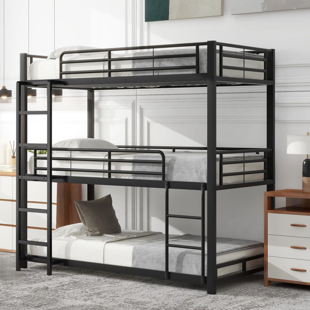 OKWISH Letto a Castello 90×200 cm, Letto 3 Posti con Scala Fissa, Sponde di Sicurezza e Salvaspazio, senza Materasso, Nero