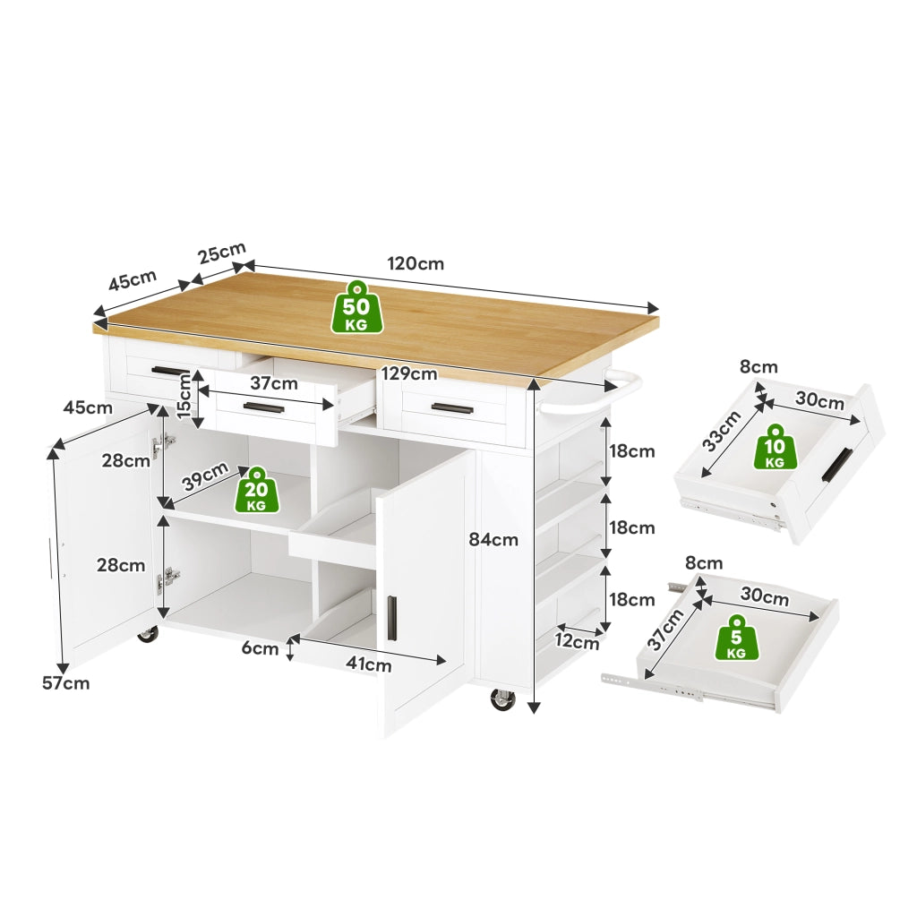 Carrello isola cucina pieghevole con piano estensibile, vani contenitore, 3 cassetti, prese e ruote 120 x 45(70) x 84 cm