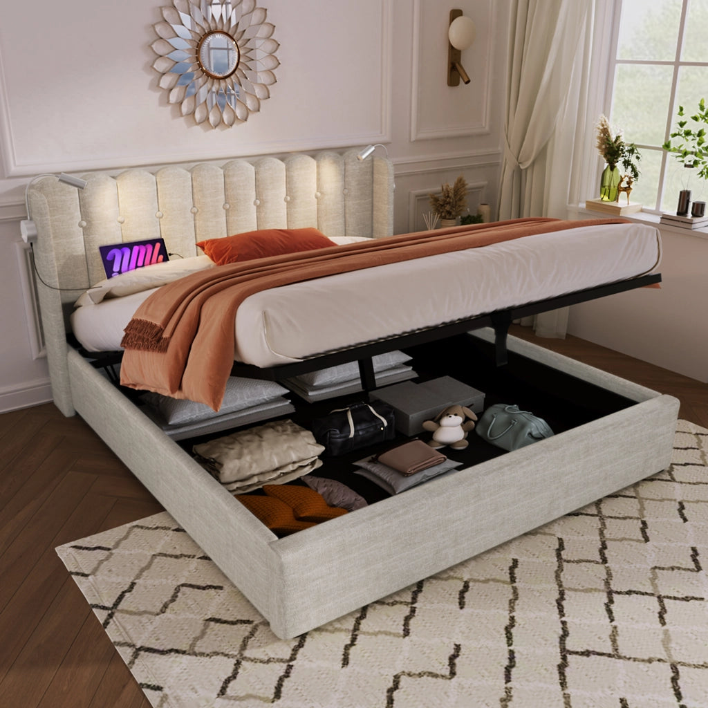 LETTO Contenitore 160x200 cm Lino Naturale con Luce da lettura e USB