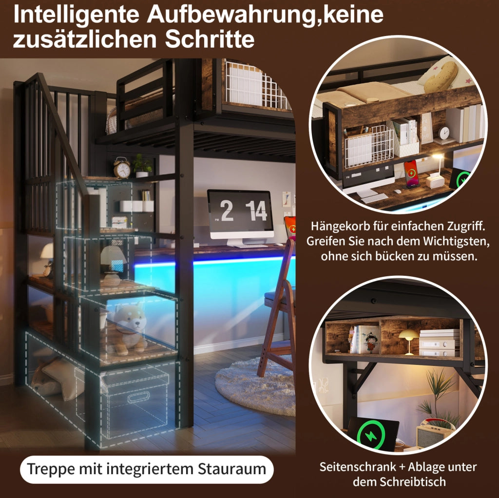 Letto a soppalco 90x200 cm con scrivania, LED e prese USB-C
