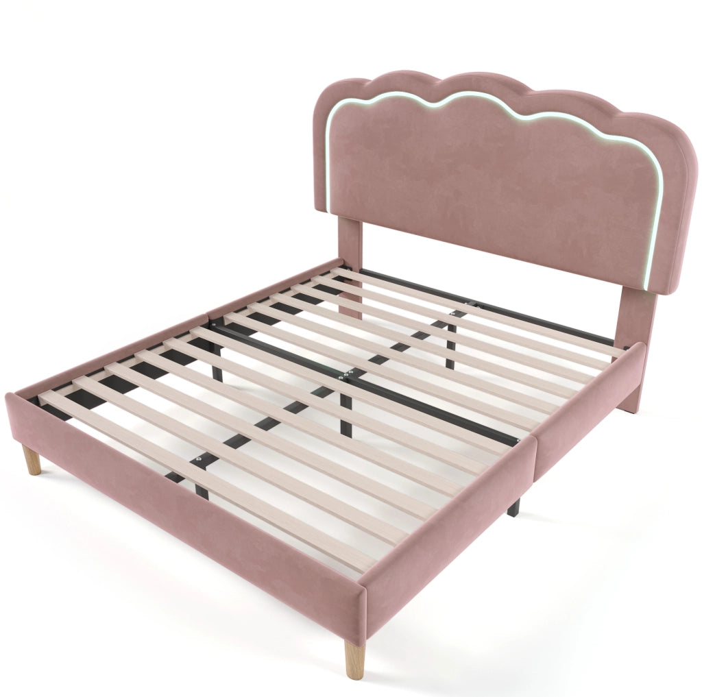 Letto matrimoniale 140x200 cm con testiera regolabile e LED; velluto rosa