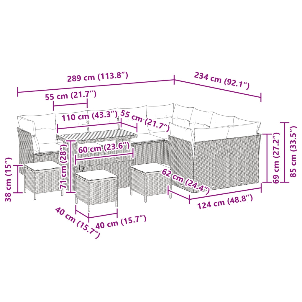 Set divani giardino  13 pezzi con cuscini beige in rattan poliestere