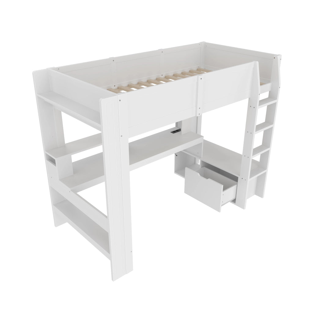 LETTO a soppalco 90x200 cm con scrivania e LED, bianco
