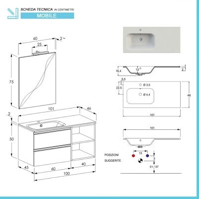 Mobile bagno sospeso 100 cm bianco opaco con cassetti e vani a giorno completo di lavabo a sinistra e specchio Master