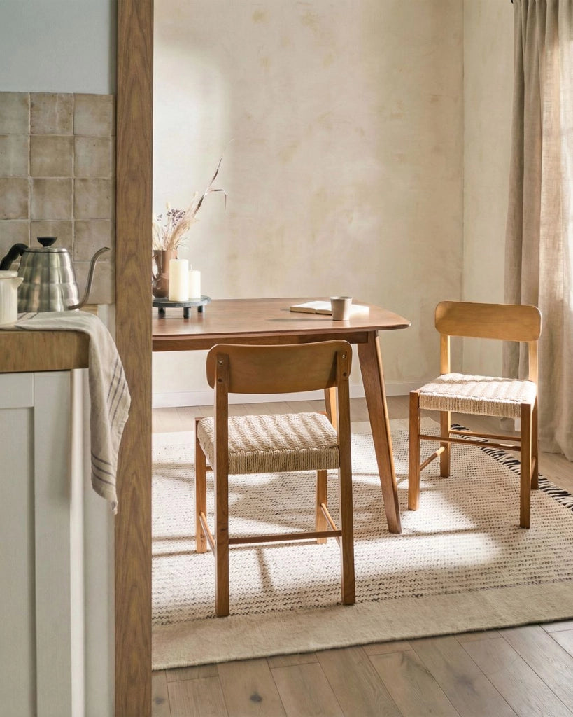 Set di 2 sedie da pranzo in legno di gomma marrone con seduta intrecciata in corda di carta stile boho per cucina e sala da pranzo