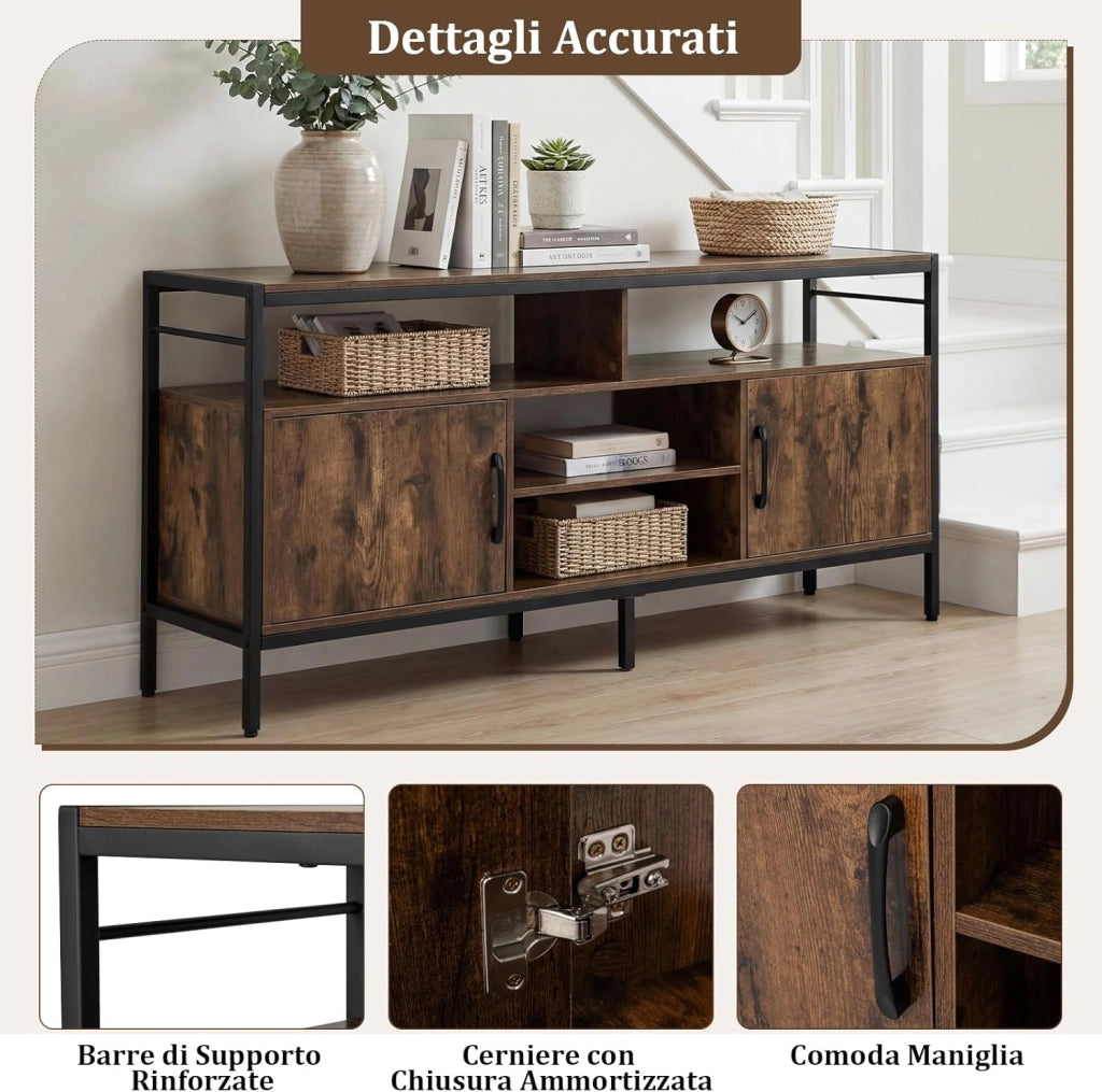 Mobile TV Soggiorno fino a 65", con 2 Armadietti e 4 Ripiani Aperti, Tavolino Porta TV con Gambe in Metallo, Centro di Intrattenimento per Soggiorno Camera da Letto (Marrone, 147 x 35 cm)