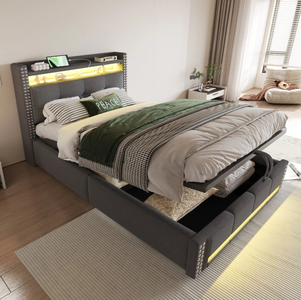 Letto imbottito 90x200 cm con LED; USB e contenitore