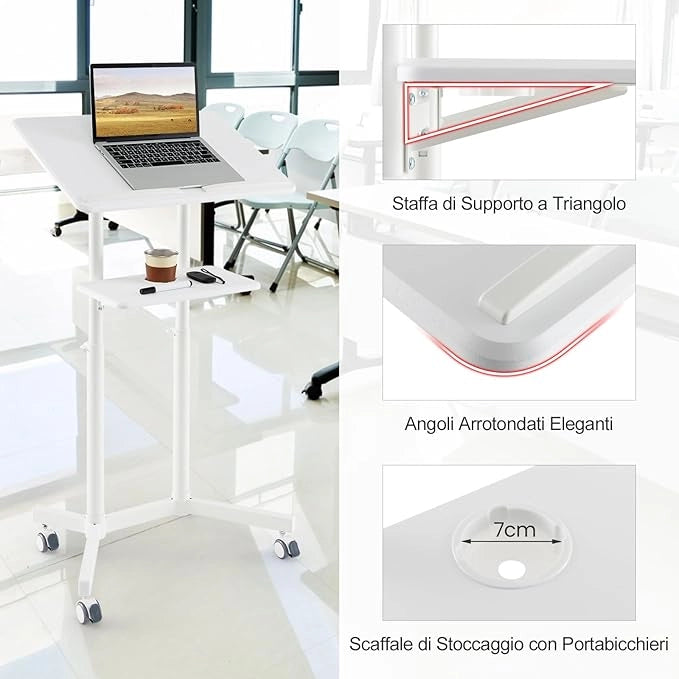 Podio per Conferenze, Pulpito Portatile per Laptop con Piano Inclinabile e Regolabile in Altezza, Vassoio Portaoggetti, Portabicchieri e Ruote Bloccabili (Bianco)