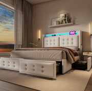 Letto imbottito 160x200 cm con LED; USB e 4 cassetti in cotone lino grigio/beige