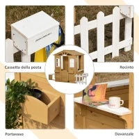 Casetta per Bambini in Legno con Finestre, Staccionata e Panca, 205x119x140 cm, Legno Naturale
