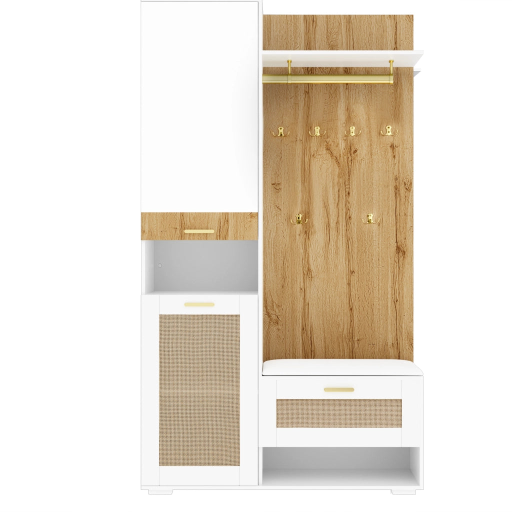 Set da ingresso con armadio a 3 ante, specchio, panca, vani a giorno e 6 ganci, MDF bianco e legno