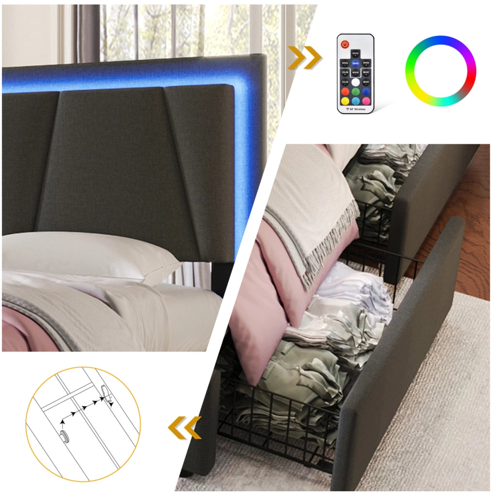 Letto imbottito con LED e 4 cassetti; testiera regolabile; 140x200 cm; grigio