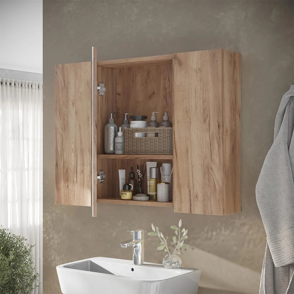 Specchio contenitore bagno Leopold, Quercia dorata, 80 x 59.2 cm con ripiani, che trova posto in ogni bagno