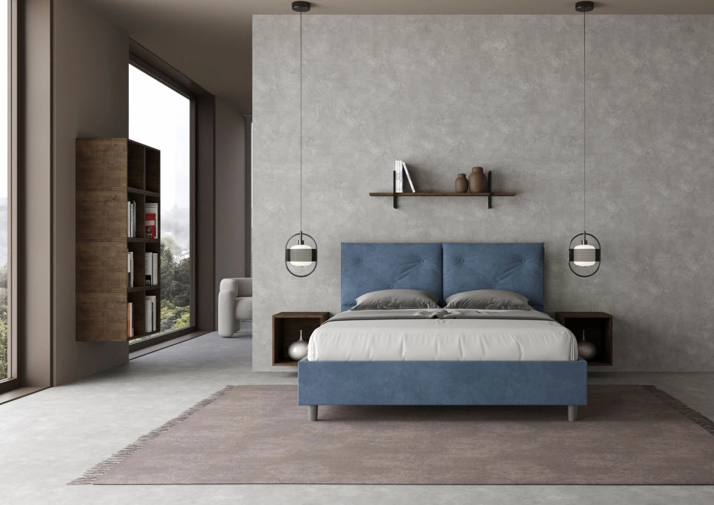 Letto Matrimoniale 160x210 cm con Rete e Contenitore Giroletto con Alzata Comoda Imbottito in Microfibra Appia Blu