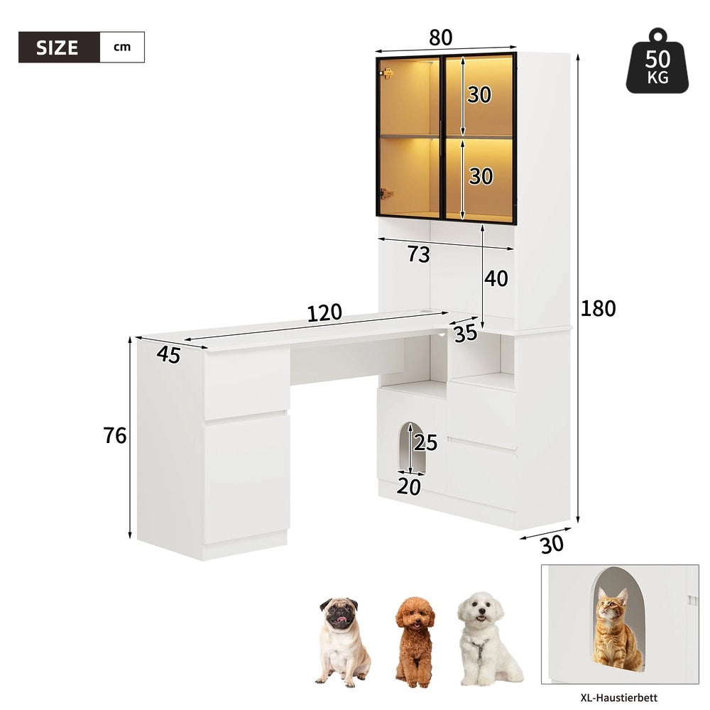 Scrivania Angolare con Libreria, Vetrina LED e Cassetti ¨C Xylo ¨C 120x80x180 cm