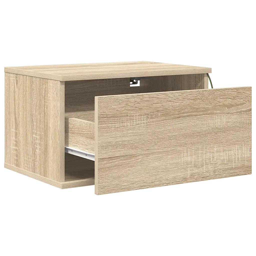 Set di 2 Comodini | Armadio da Notte | Mobiletto da notte a Parete con luci LED Rovere Sonoma