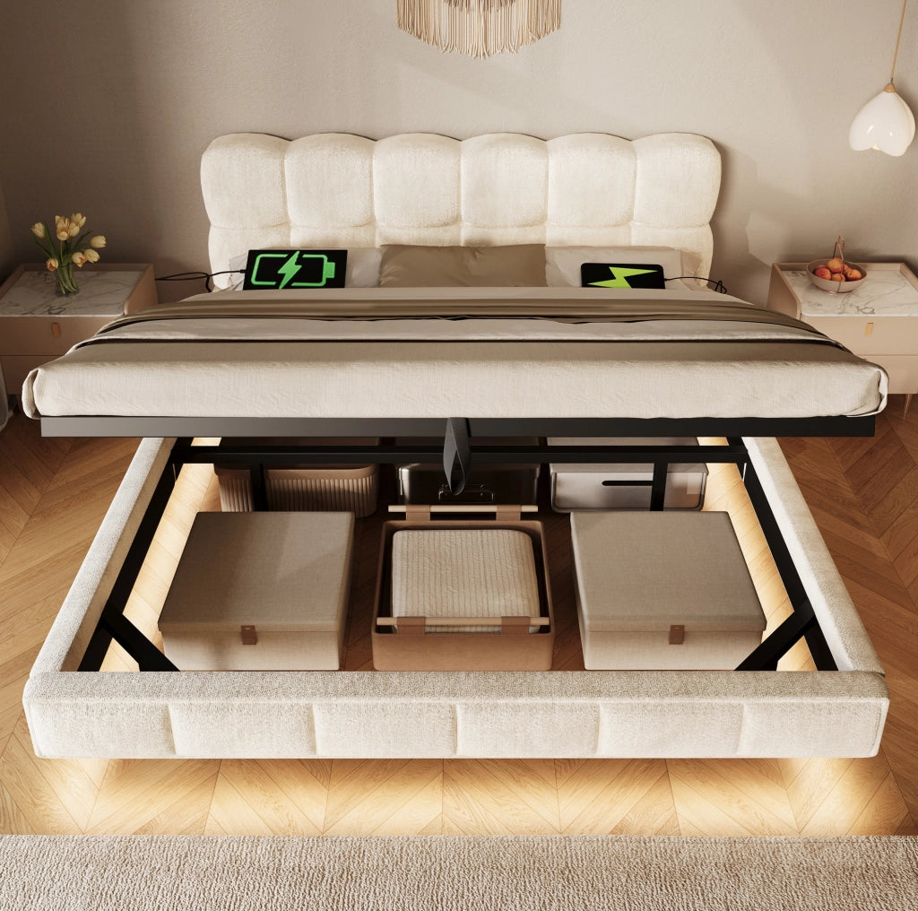 Letto imbottito 140x190 cm con contenitore idraulico, LED, USB e Type-C beige