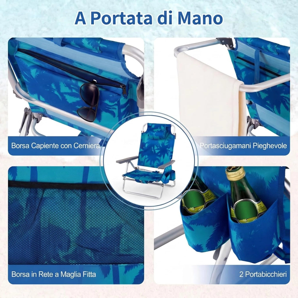 Set di 2 Sedie e Tavolino da Spiaggia Pieghevole, Schienale Regolabile a 5 Livelli, con Portatesta, Borsa Portaoggetti, Borsa Termica, per Campeggio Picnic Esterno (Albero, Modello 2)