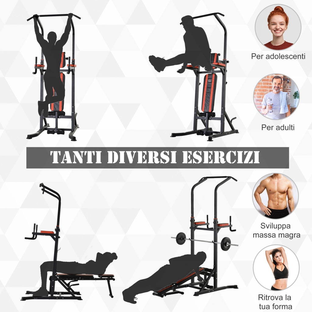 EasyComfort Power Tower Pieghevole, Stazione Fitness Multifunzione Regolabile in 7 Posizioni con Sbarra Trazioni, Dip Station, Pull UP Station e Panca Piana in Acciaio, per Home Gym Casa, Portata 150kg