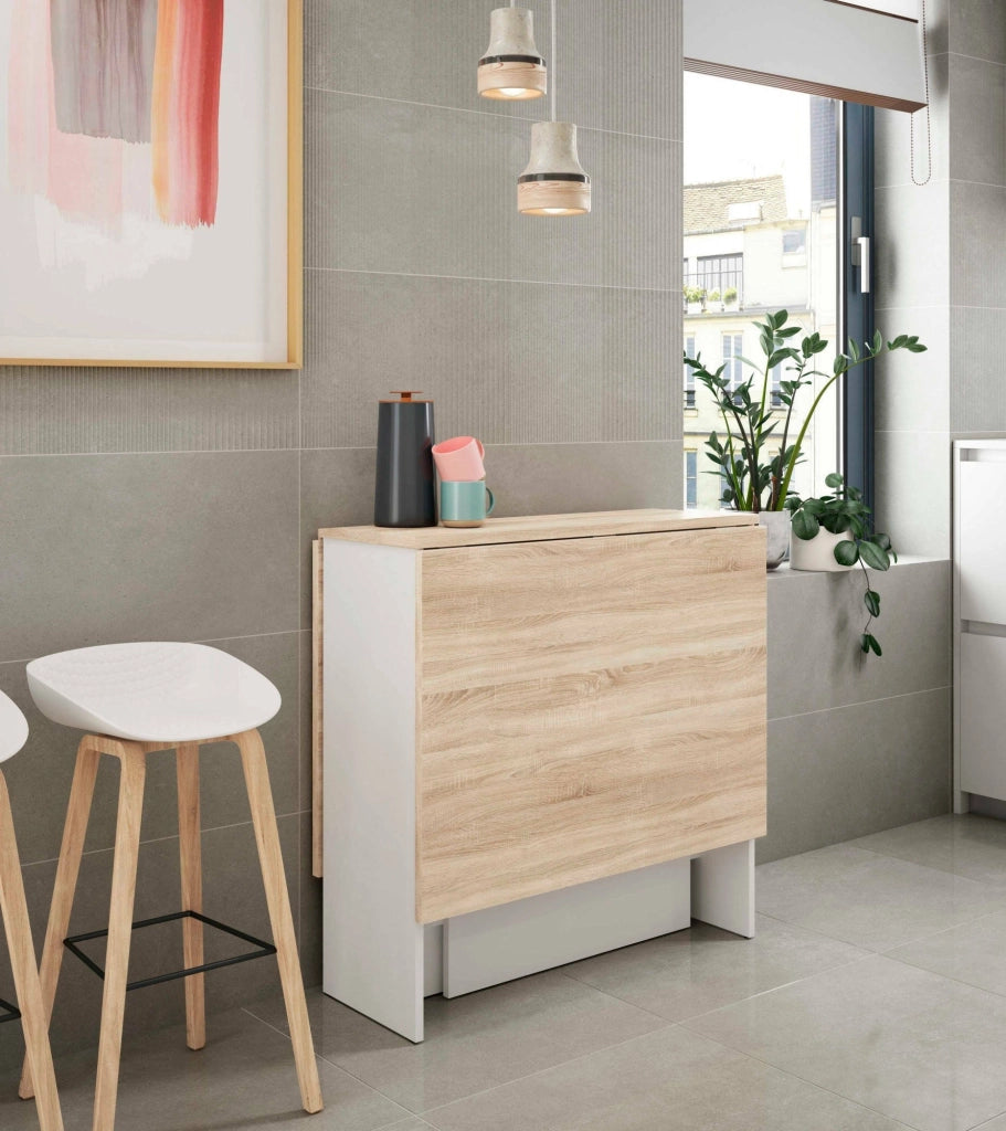 Tavolo allungabile Arid, Tavolo da pranzo pieghevole con piano abbattibile, Tavolo ausiliario richiudibile, cm 77x31h78, Bianco e Rovere