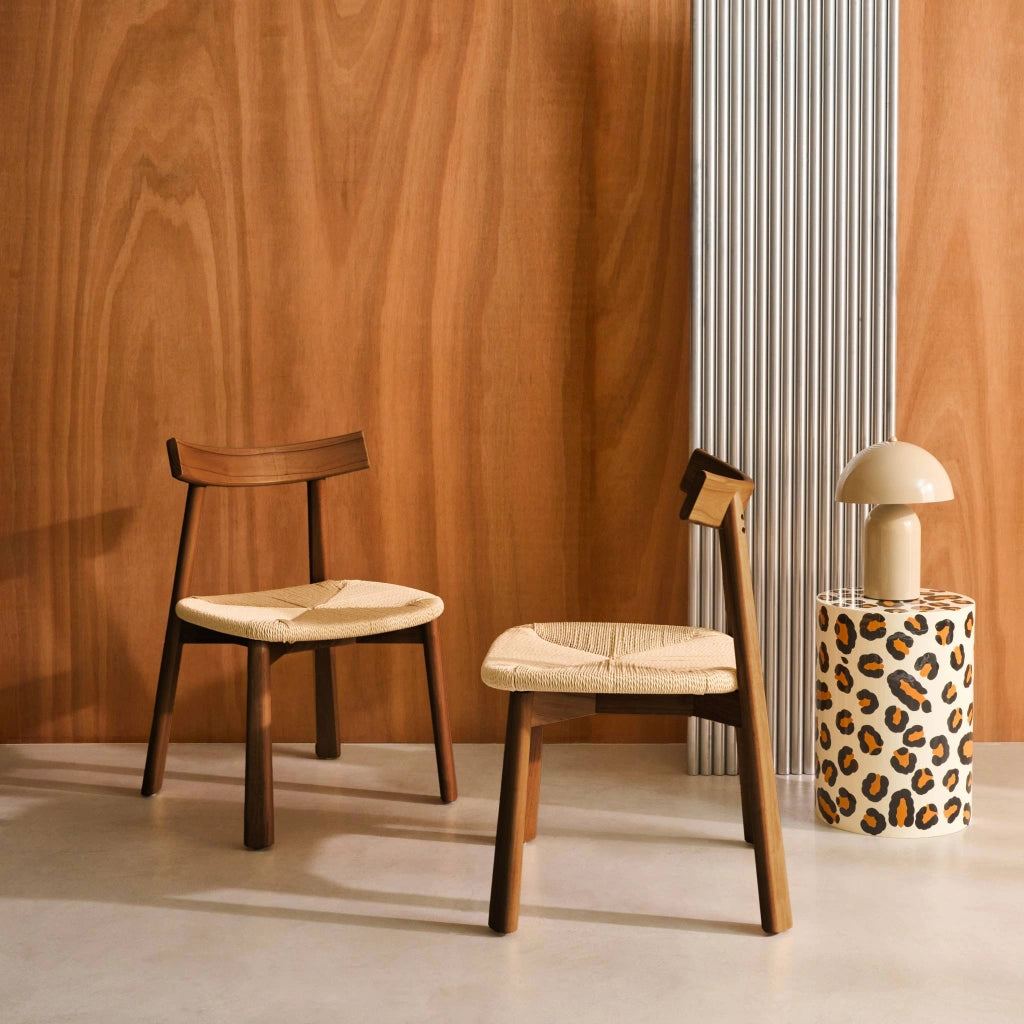 Set 2 sedie scandinave legno hevea seduta in corda, effetto noce