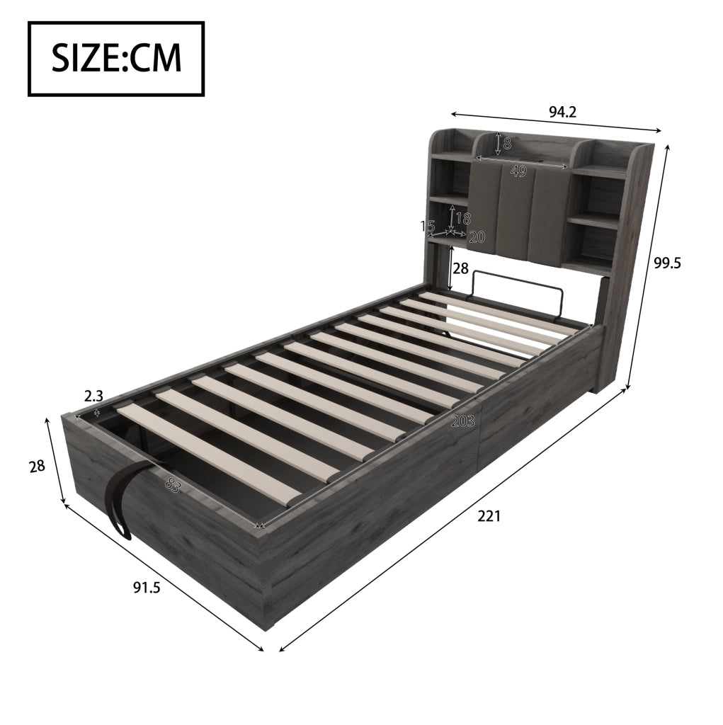 Letto singolo con contenitore idraulico 90x200 cm in MDF grigio; testiera con prese USB e Type-C