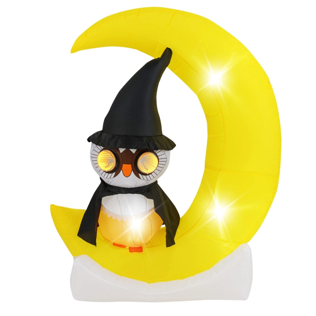 Gufo inflabile su luna da 130x155cm con led grande luna e gufo mago, Decorazione di halloween illuminata-Halloween
