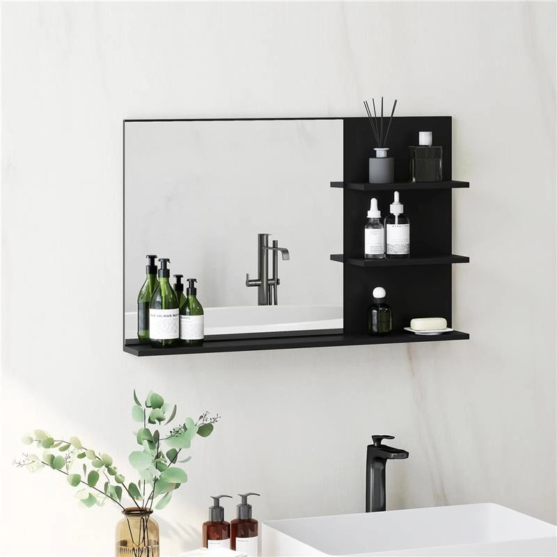 SPECCHIO BAGNO MODERNO CON 2 RIPIANI LATERALI E RIPIANO INFERIORE, IN LEGNO E VETRO, 75X10X48 CM, NERO