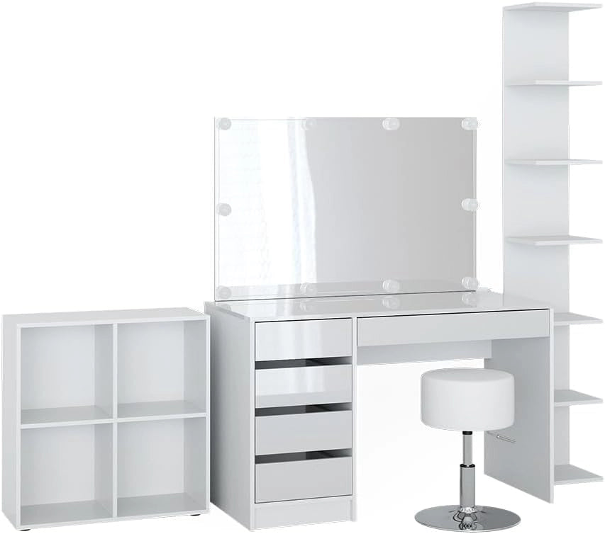 Tavolino da toilette Sherry, Bianco, 5 pezzi, con ripiano portaoggetti, ripiano in piedi, specchio, sgabello, LED, adatto per l’uso quotidiano con telaio stabile