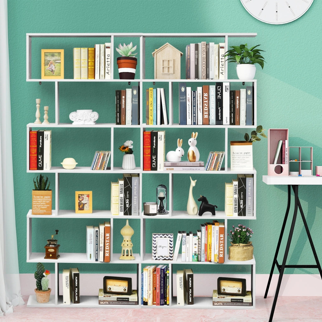 Libreria a 6 livelli a forma di S con dispositivo antiribaltamento-Scaffale di legno per casa e ufficio Bianco