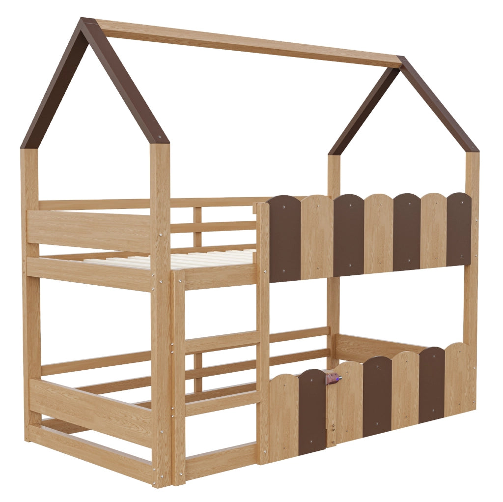 Letto a castello per bambini a forma di casa 90x200 cm in legno naturale con sbarre di sicurezza