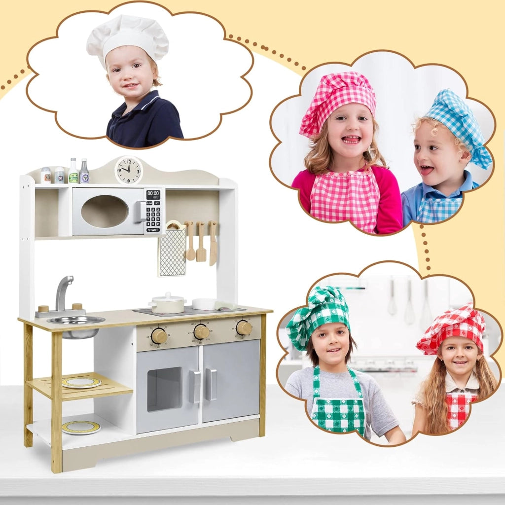 Cucina giocattolo per bambini in legno con piano cottura, forno a microonde, rubinetto, lavandino e accessori da cucina, giocattolo per bambini a partire dai 3 anni, 65 x 24 x 85 cm