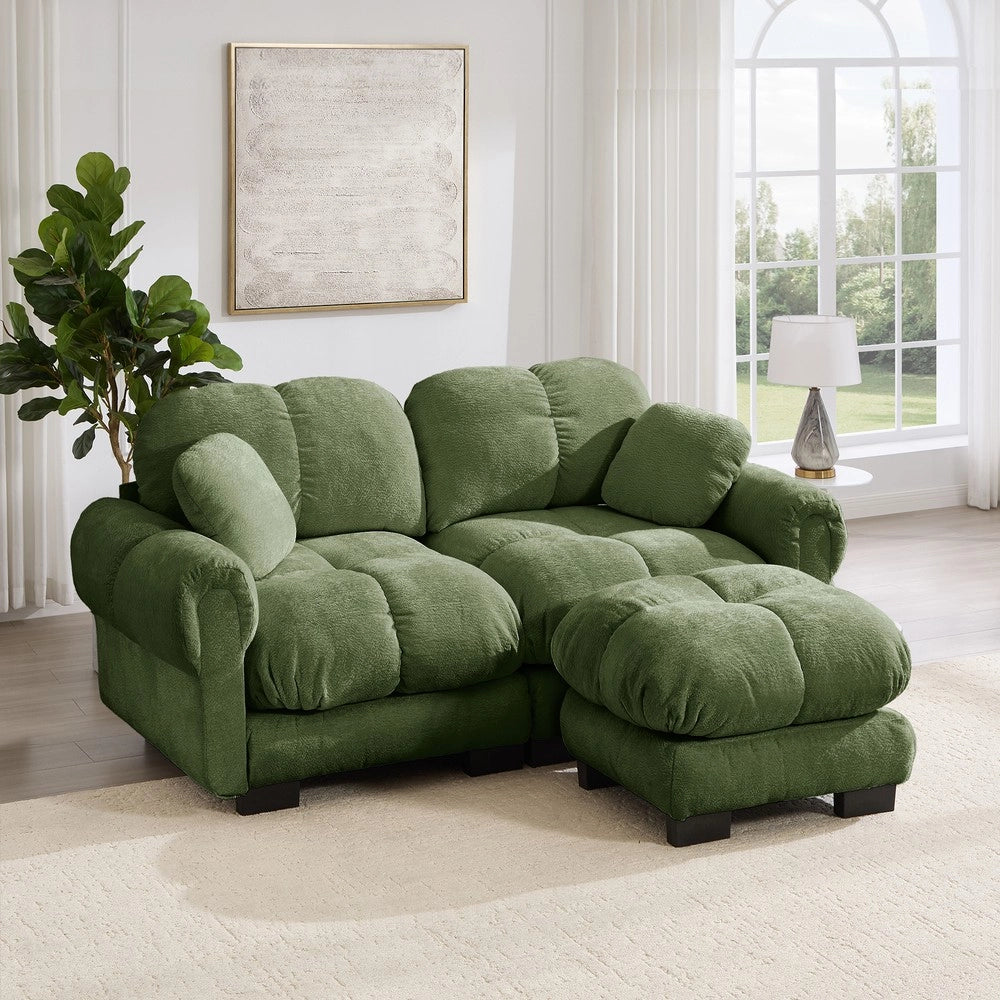 Divano angolare 2 posti con poggiapiedi ¨C Minimal ¨C verde imbottito con cuscini trapunto