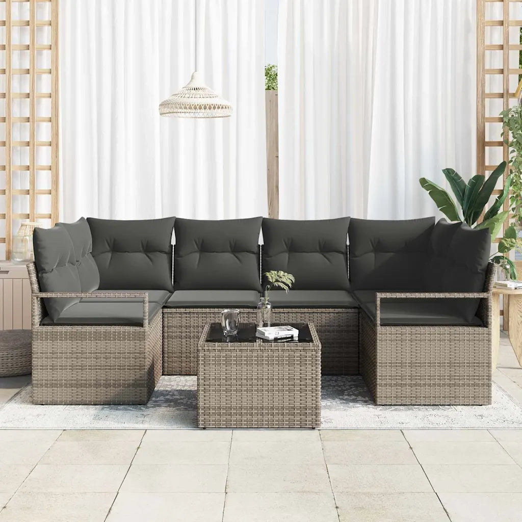 Set Divano da Giardino 7 pcs Grigio Polyrattan, Acciaio e Vetro 3354948