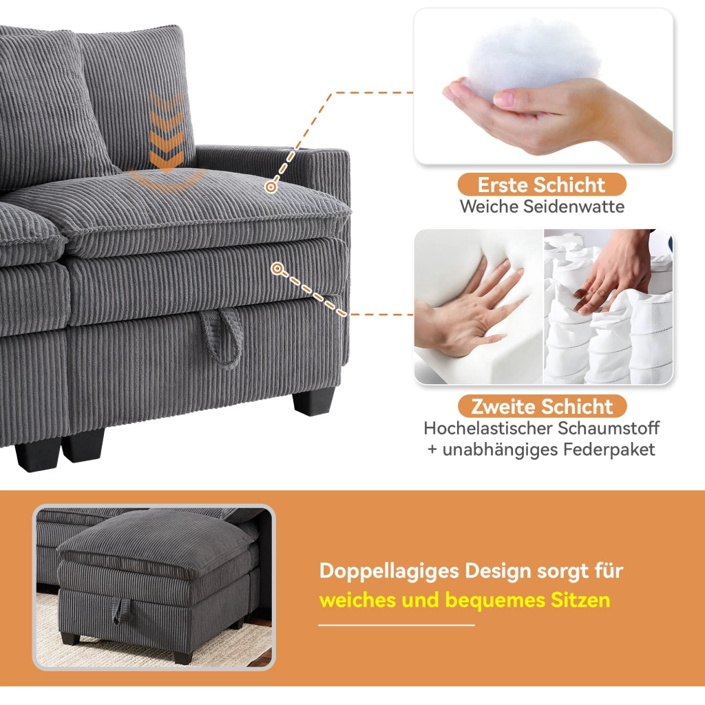 DIVANO Modulare L/U 280x151x82 cm Corduroy Grigio 5-6 posti